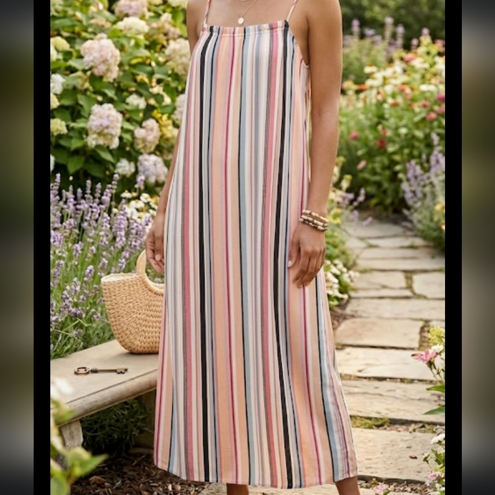 THML vertical striped maxi dress. 100% rayon, size small. Spaghetti straps. Boho